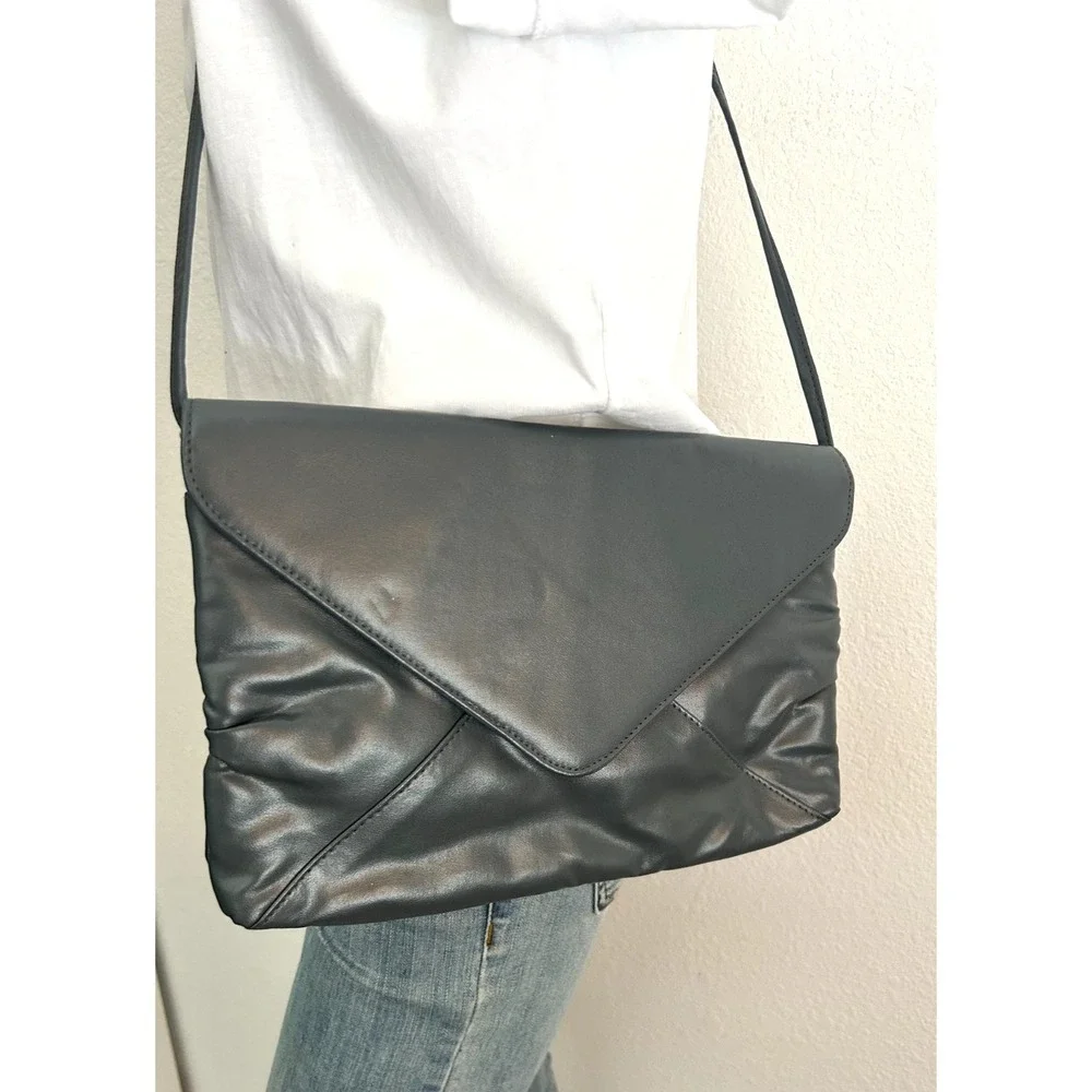 VTG 80s Envelope Crossbody Bag Gray Leather Ruched Mob Wife Quiet Luxury NOS